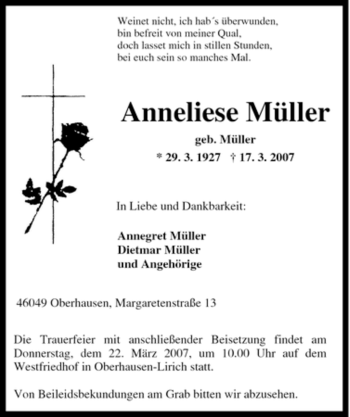 Traueranzeige von Anneliese Müller von Tageszeitung