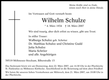 Traueranzeige von Wilhelm Schulze von Tageszeitung