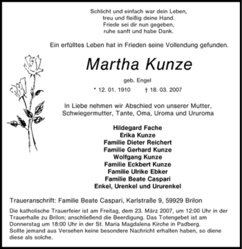 Traueranzeige von Martha Kunze von Tageszeitung