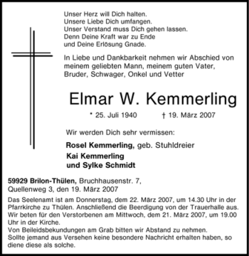 Traueranzeige von Elmar W. Kemmerling von Tageszeitung