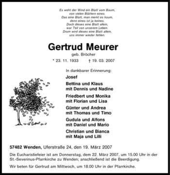 Traueranzeige von Gertrud Meurer von Tageszeitung
