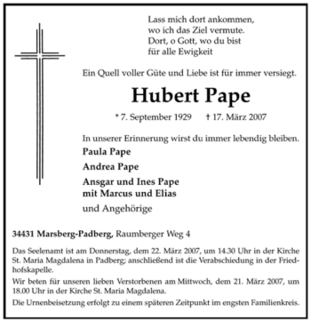 Traueranzeige von Hubert Pape von Tageszeitung