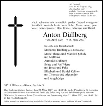 Traueranzeige von Anton Düllberg von Tageszeitung