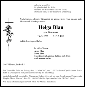 Traueranzeige von Helga Blau von Tageszeitung