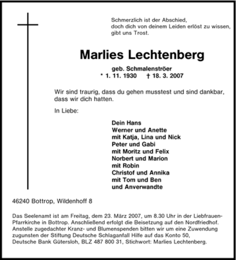  Traueranzeige für Marlies Lechtenberg vom 20.03.2007 aus Tageszeitung
