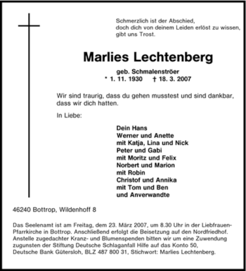 Traueranzeige von Marlies Lechtenberg von Tageszeitung
