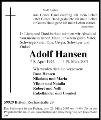 Traueranzeige von Adolf Hansen von Tageszeitung