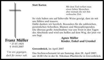 Traueranzeige von Franz Müller von Tageszeitung