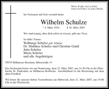 Traueranzeige von Wilhelm Schulze von Tageszeitung