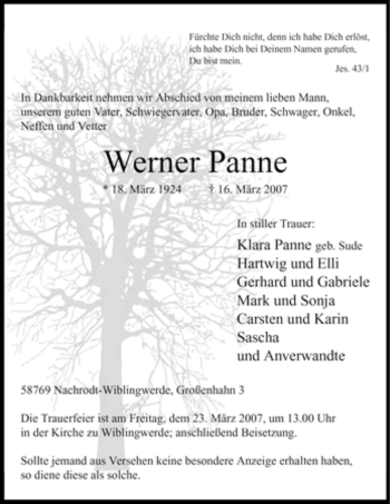 Traueranzeige von Werner Panne von Tageszeitung