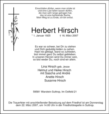 Traueranzeige von Herbert Hirsch von Tageszeitung