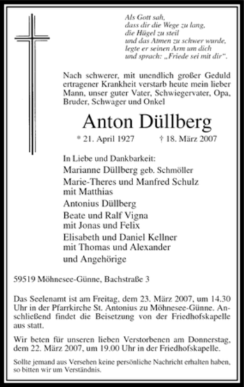 Traueranzeige von Anton Düllberg von Tageszeitung