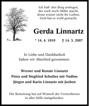 Traueranzeige von Gerda Linnartz von Tageszeitung