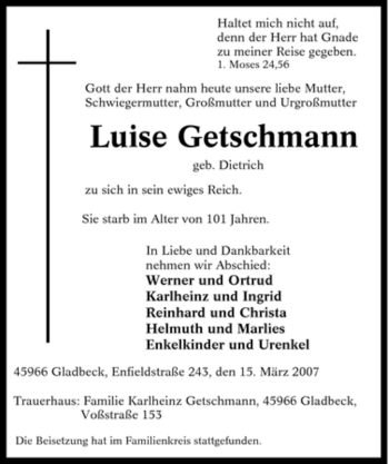 Traueranzeige von Luise Getschmann von Tageszeitung