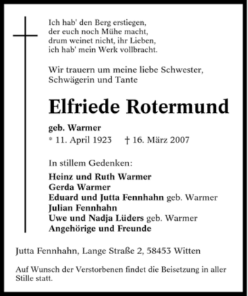 Traueranzeige von Elfriede Rotermund von Tageszeitung