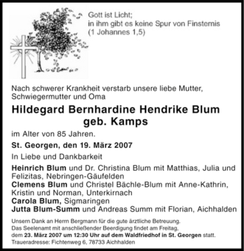 Traueranzeige von Hildegard Bernhardine Hendrike Blum von Tageszeitung