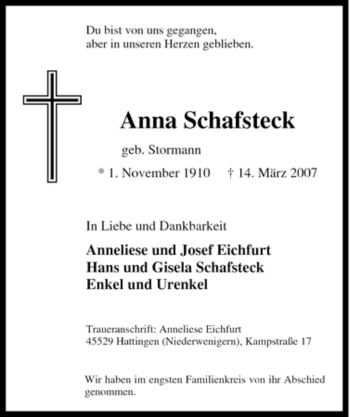 Traueranzeige von Anna Schafsteck von Tageszeitung