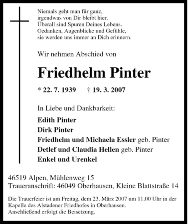 Traueranzeigen Von Friedhelm Pinter Trauer In Nrw De