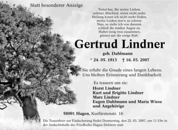 Traueranzeige von Gertrud Lindner von Tageszeitung