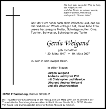 Traueranzeige von Gerda Weigand von Tageszeitung