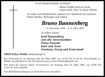 Traueranzeige von Bruno Bannenberg von Tageszeitung