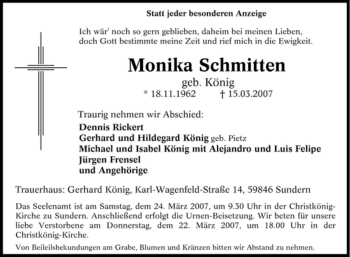 Traueranzeige von Monika Schmitten von Tageszeitung