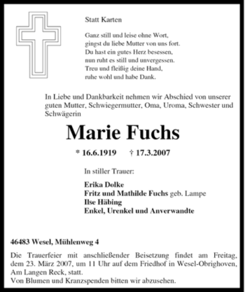 Traueranzeige von Marie Fuchs von Tageszeitung