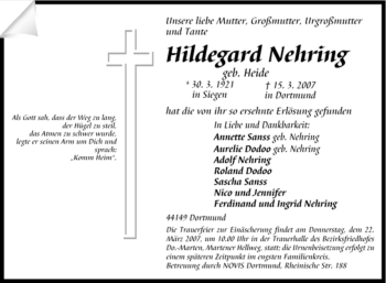Traueranzeige von Hildegard Nehring von Tageszeitung
