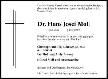 Traueranzeige von Hans Josef Moll von Tageszeitung