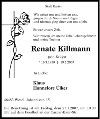 Traueranzeige von Renate Killmann von Tageszeitung