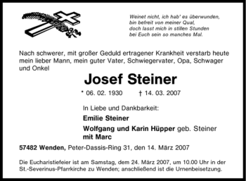 Traueranzeige von Josef Steiner von Tageszeitung