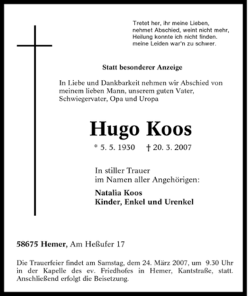 Traueranzeige von Hugo Koos von Tageszeitung