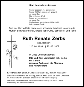 Traueranzeige von Ruth Renate Zerbs von Tageszeitung