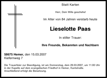 Traueranzeige von Lieselotte Paas von Tageszeitung