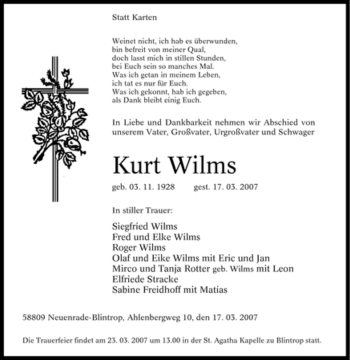 Traueranzeige von Kurt Wilms von Tageszeitung