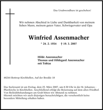Traueranzeige von Winfried Assenmacher von Tageszeitung