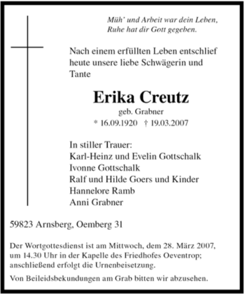 Traueranzeige von Erika Creutz von Tageszeitung