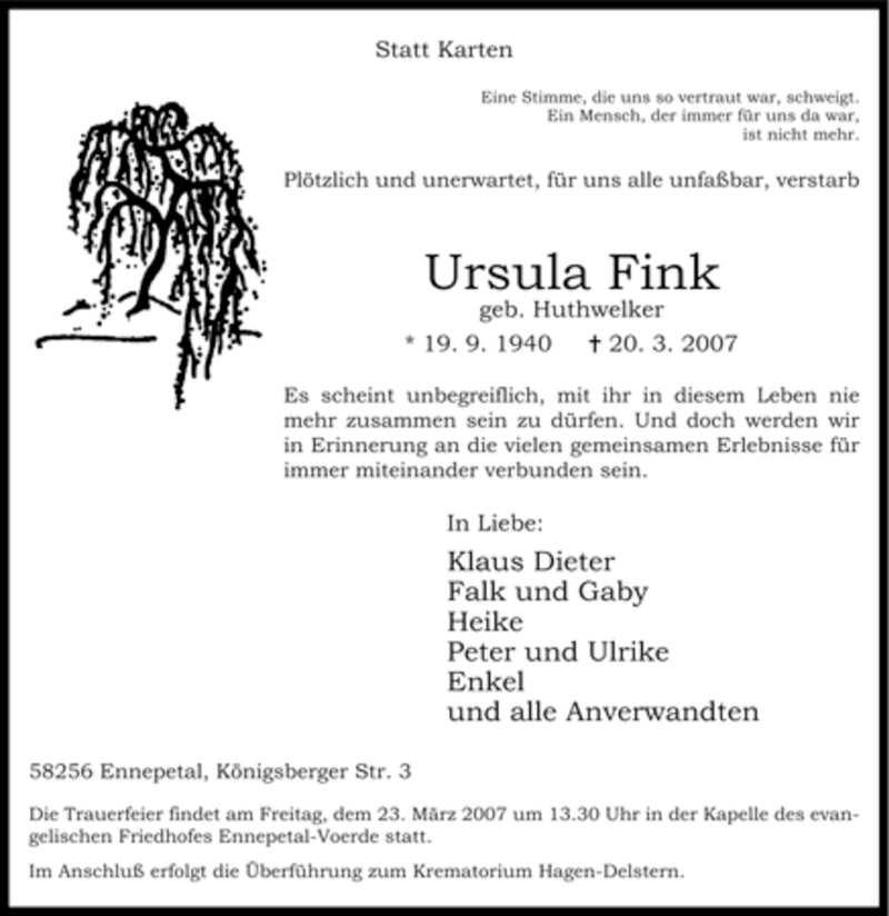  Traueranzeige für Ursula Fink vom 21.03.2007 aus Tageszeitung