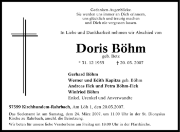 Traueranzeige von Doris Böhm von Tageszeitung