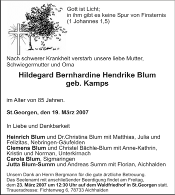 Traueranzeige von Hildegard Bernhardine Hendrike Blum von Tageszeitung