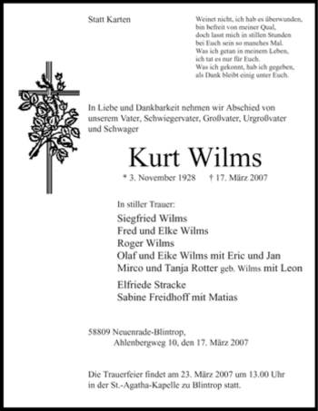 Traueranzeige von Kurt Wilms von Tageszeitung