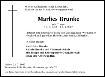 Traueranzeige von Marlies Brunke von Tageszeitung