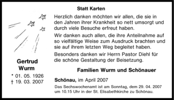 Traueranzeige von Gertrud Wurm von Tageszeitung