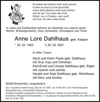 Traueranzeige von Anne Lore Dahlhaus von Tageszeitung