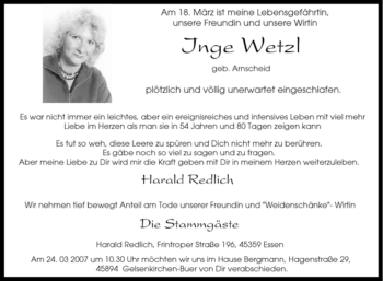 Traueranzeige von Inge Wetzl von Tageszeitung