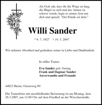 Traueranzeige von Willi Sander von Tageszeitung
