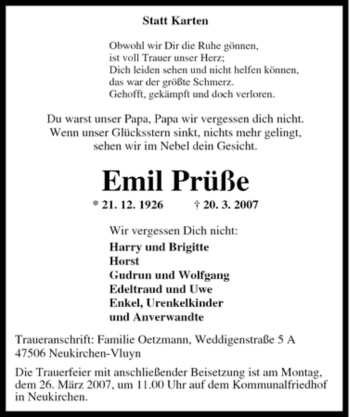 Traueranzeige von Emil Prüße von Tageszeitung