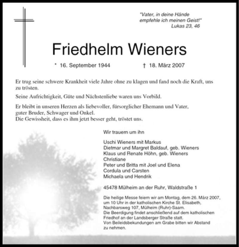  Traueranzeige für Friedhelm Wieners vom 22.03.2007 aus Tageszeitung