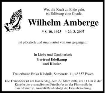 Traueranzeige von Wilhelm Amberge von Tageszeitung