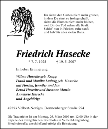 Traueranzeige von Friedrich Hasecke von Tageszeitung
